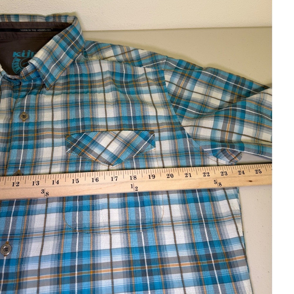 KUHL Mens Large Blue Plaid Short Sleeve Button Up Shirt Mountains Outdoor Active - Picture 9 of 11
